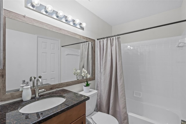 bathroom featuring shower / bathtub combination with curtain, toilet, and vanity