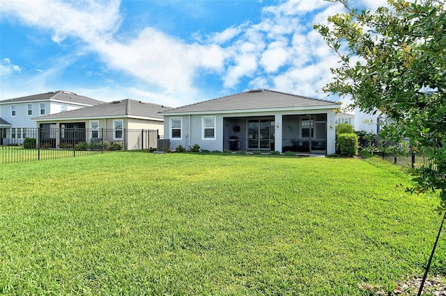 rear view of house with a sunroom, stucco siding, and central AC unit