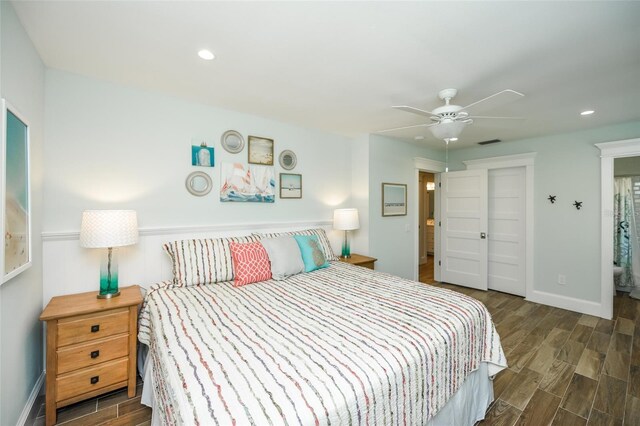 102 48th St, Holmes Beach, FL 34217 - bedroom featuring dark wood finished floors, baseboards, recessed lighting, a closet, and a ceiling fan