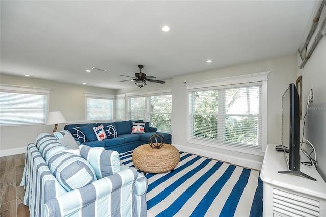 102 48th St, Holmes Beach, FL 34217 - living area featuring baseboards, wood finished floors, plenty of natural light, recessed lighting, and a ceiling fan