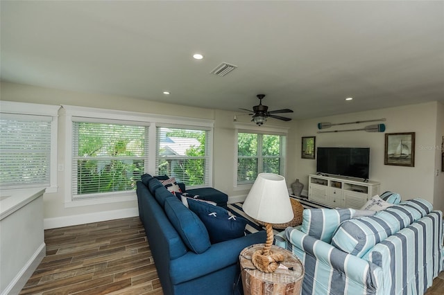 102 48th St, Holmes Beach, FL 34217 - living area with dark wood-style flooring, baseboards, ceiling fan, and recessed lighting