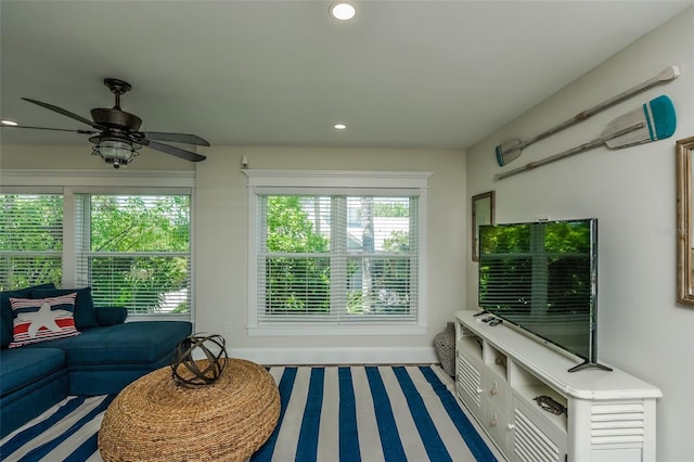 102 48th St, Holmes Beach, FL 34217 - living room featuring recessed lighting, a ceiling fan, and baseboards