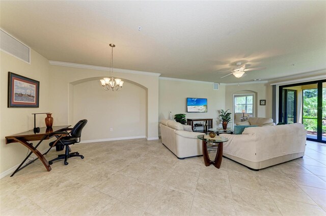 6907 Grand Estuary Trl Unit 104, Bradenton, FL 34212 - living area with a chandelier, crown molding, light tile patterned floors, a ceiling fan, and baseboards