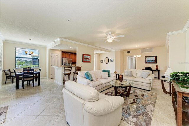 6907 Grand Estuary Trl Unit 104, Bradenton, FL 34212 - living area with a chandelier, ornamental molding, light tile patterned floors, a ceiling fan, and baseboards