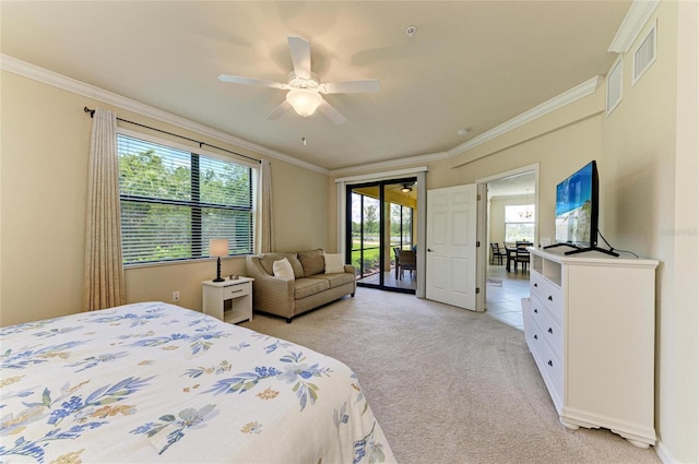 6907 Grand Estuary Trl Unit 104, Bradenton, FL 34212 - bedroom featuring light colored carpet, access to exterior, crown molding, and ceiling fan