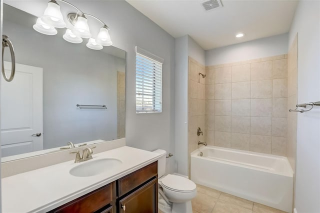 full bathroom featuring tile patterned floors, toilet,  shower combination, and vanity