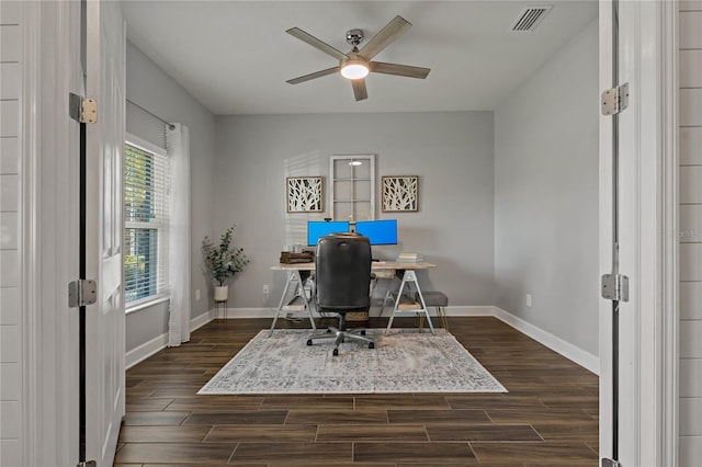 5805 49th Ct E, Ellenton, FL 34222 - office space featuring ceiling fan, baseboards, and dark wood-style floors