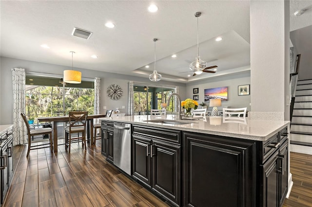 5805 49th Ct E, Ellenton, FL 34222 - kitchen featuring dark cabinets, a sink, recessed lighting, stainless steel dishwasher, and a ceiling fan