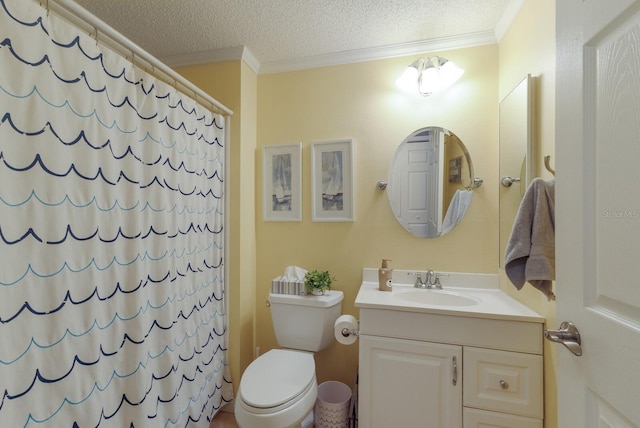 bathroom featuring crown molding, a textured ceiling, vanity, toilet, and a shower with curtain