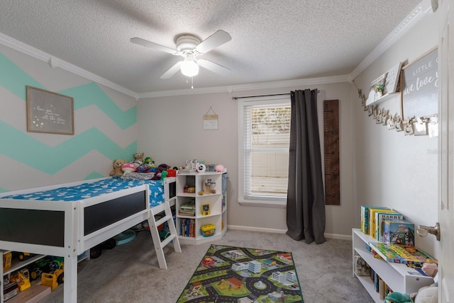 bedroom with crown molding, a textured ceiling, carpet flooring, and a ceiling fan