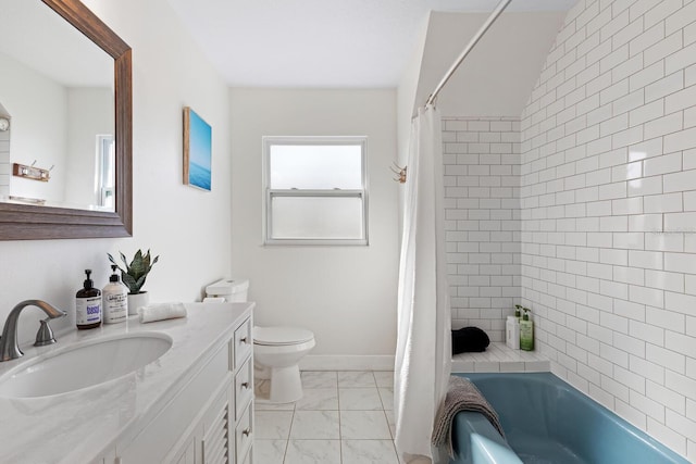 6442 Colonial Dr, Sarasota, FL 34231 - bathroom with marble look tile flooring, toilet, vanity, and shower / bath combination with curtain
