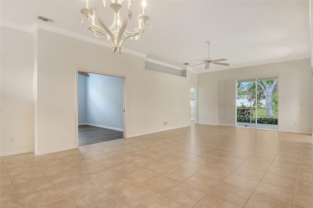 spare room with light tile patterned floors, ornamental molding, ceiling fan, a chandelier, and baseboards