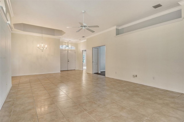 spare room featuring a chandelier, a ceiling fan, ornamental molding, light tile patterned floors, and baseboards