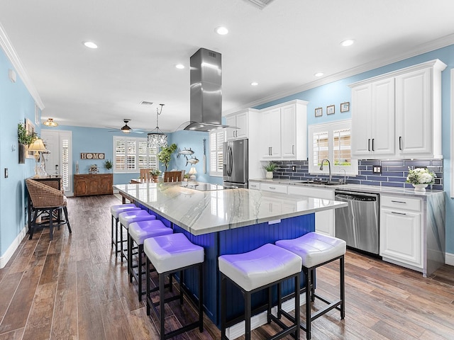 kitchen with appliances with stainless steel finishes, island range hood, a sink, a kitchen island, and white cabinets