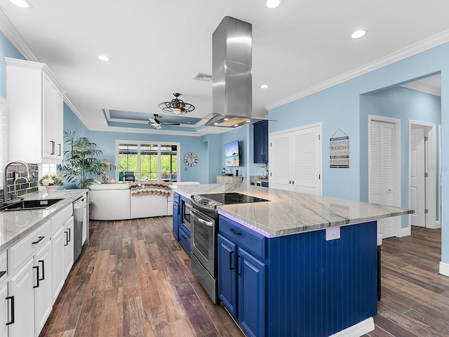 kitchen with a sink, appliances with stainless steel finishes, blue cabinetry, island range hood, and white cabinets