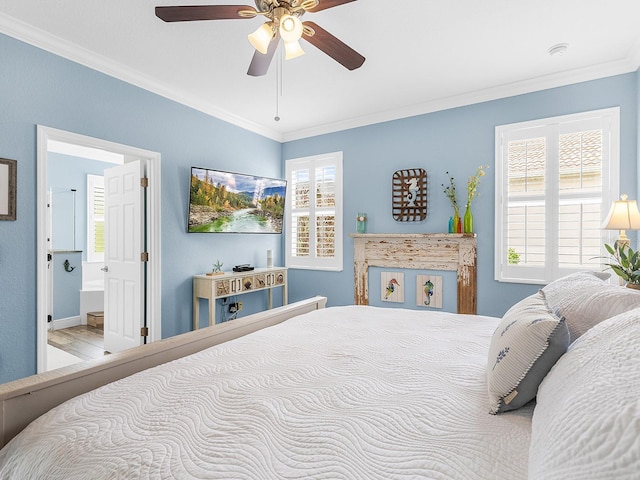 bedroom featuring ornamental molding, multiple windows, connected bathroom, and a ceiling fan