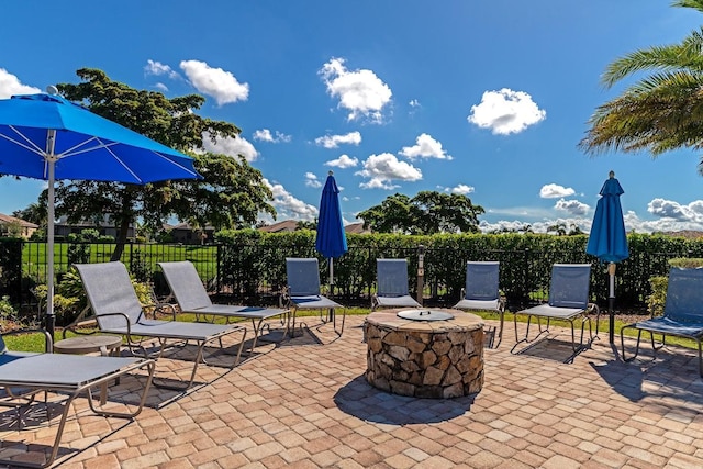 view of patio / terrace with an outdoor fire pit and fence