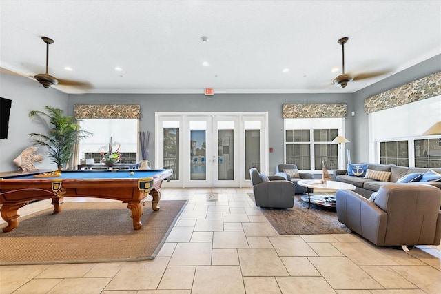 3430 77th St W Unit 103, Bradenton, FL 34209 - playroom featuring ceiling fan, billiards, french doors, recessed lighting, and ornamental molding