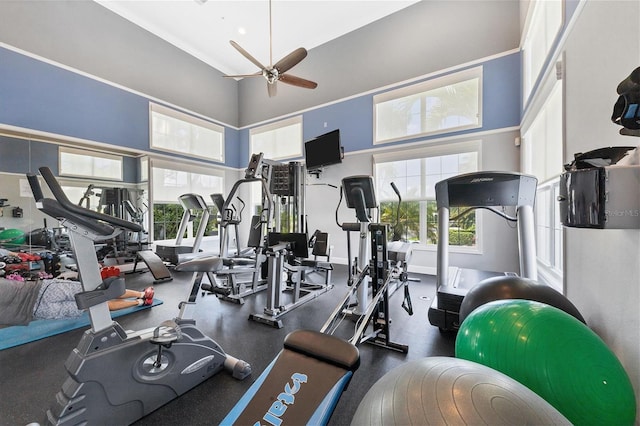 3430 77th St W Unit 103, Bradenton, FL 34209 - exercise room featuring a ceiling fan, plenty of natural light, and a towering ceiling