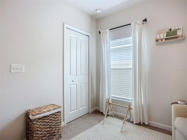 sitting room with carpet flooring and baseboards
