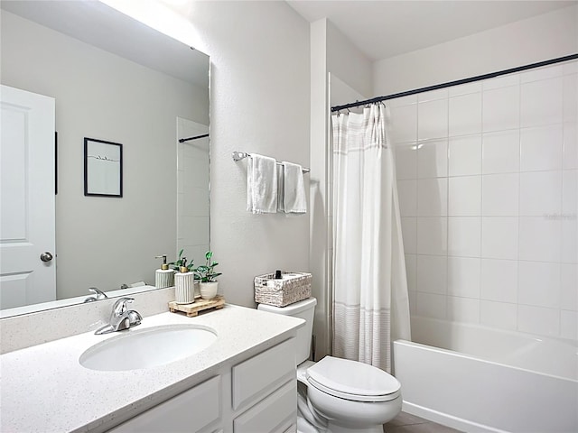 full bath with toilet, shower / bath combination with curtain, and vanity