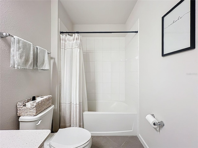 bathroom with toilet, tile patterned floors, vanity, and shower / tub combo with curtain