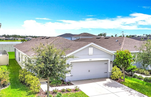view of front of home with stucco siding, concrete driveway, an attached garage, and a residential view