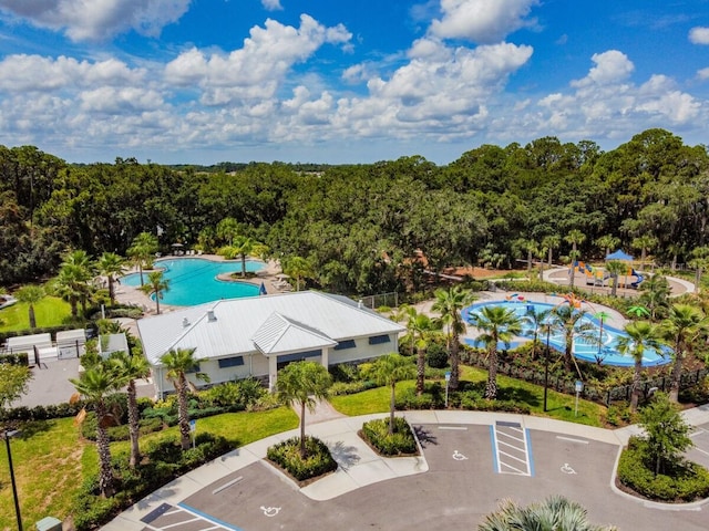 aerial view of a pool area