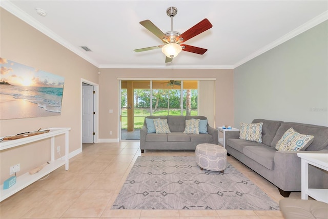 11455 52nd Ct E, Parrish, FL 34219 - living area featuring ornamental molding, light tile patterned flooring, a ceiling fan, and baseboards