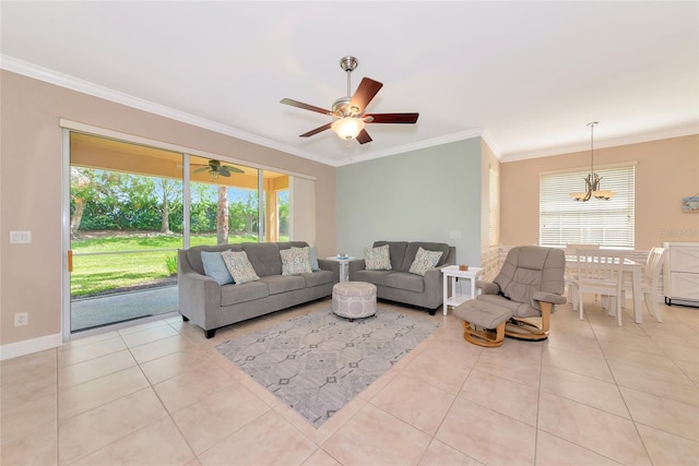 11455 52nd Ct E, Parrish, FL 34219 - living room featuring crown molding, light tile patterned floors, a chandelier, a ceiling fan, and baseboards