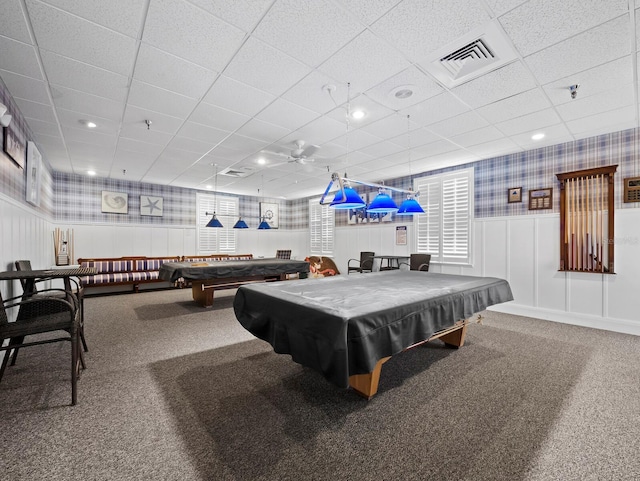 playroom with carpet floors, a drop ceiling, billiards table, wainscoting, and wallpapered walls