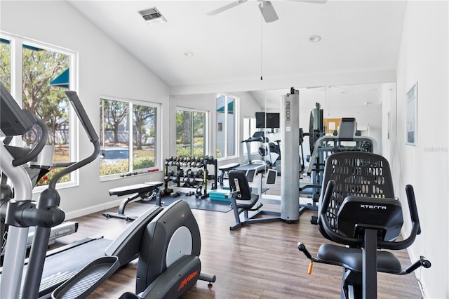 11367 Perico Isle Cir, Bradenton, FL 34209 - exercise room with vaulted ceiling, a ceiling fan, wood finished floors, and baseboards