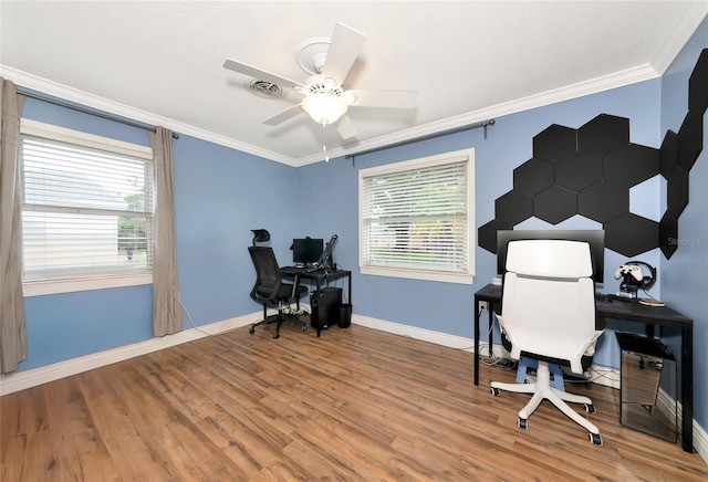 2004 19th St W, Bradenton, FL 34205 - home office featuring crown molding, plenty of natural light, wood finished floors, baseboards, and a ceiling fan