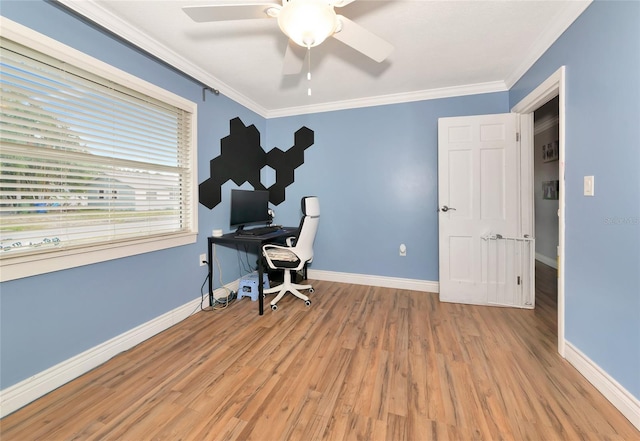2004 19th St W, Bradenton, FL 34205 - office area featuring a ceiling fan, light wood-style flooring, baseboards, and crown molding