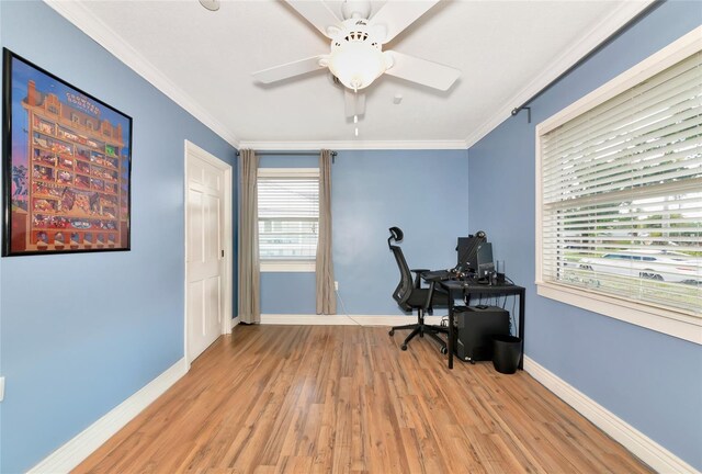 2004 19th St W, Bradenton, FL 34205 - office featuring ornamental molding, ceiling fan, light wood finished floors, and baseboards