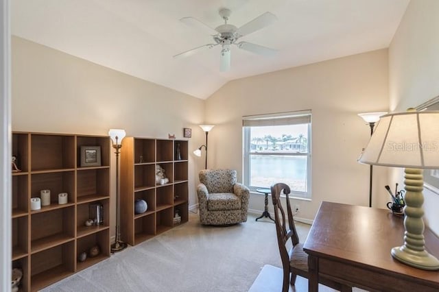 12007 Clubhouse Dr, Lakewood Ranch, FL 34202 - carpeted home office with a ceiling fan, vaulted ceiling, and baseboards