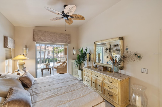 bedroom featuring access to exterior and ceiling fan