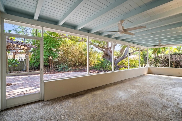 6512 Bowline Dr, Sarasota, FL 34231 - unfurnished sunroom featuring a ceiling fan and beamed ceiling