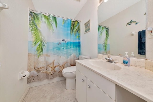 full bathroom with tile patterned flooring, toilet, vanity, and shower / tub combo with curtain
