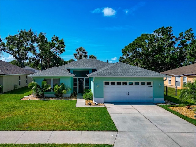 ranch-style house with an attached garage, a front yard, concrete driveway, and stucco siding