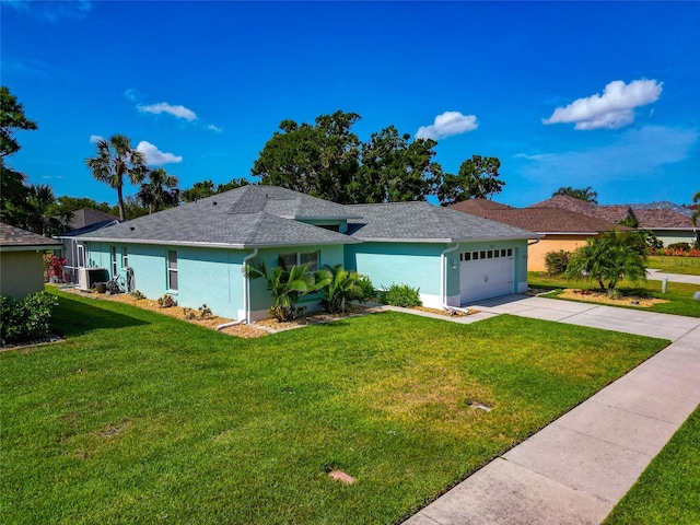 ranch-style house featuring stucco siding, a front lawn, an attached garage, and concrete driveway
