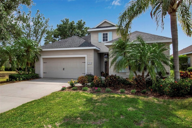 traditional-style home with a garage, a front yard, driveway, and a shingled roof