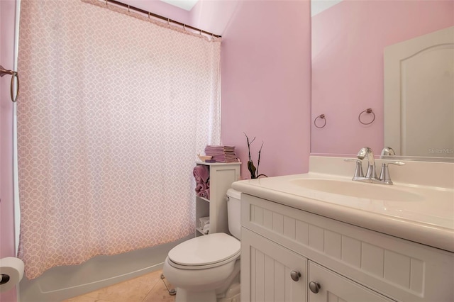 bathroom featuring toilet, tile patterned floors, vanity, and shower / bathtub combination with curtain