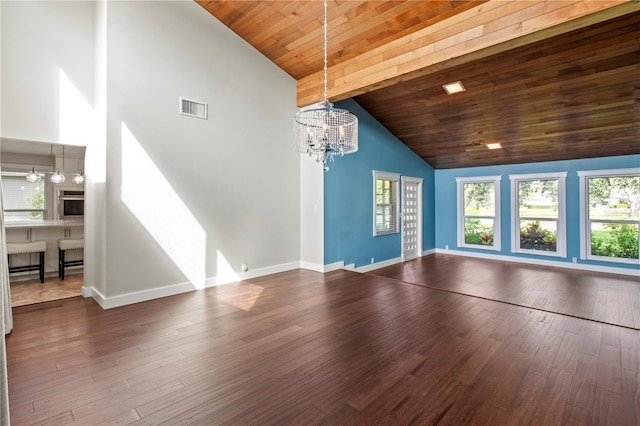 911 Cimarron Cir, Bradenton, FL 34209 - unfurnished living room with a chandelier, dark wood finished floors, wooden ceiling, and high vaulted ceiling