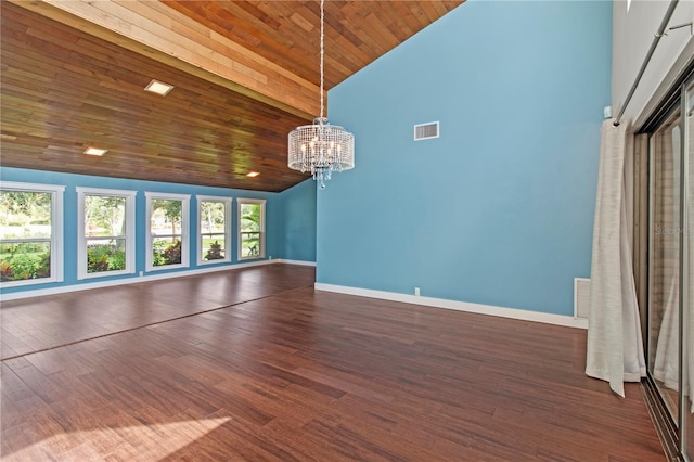 911 Cimarron Cir, Bradenton, FL 34209 - unfurnished living room featuring high vaulted ceiling, a chandelier, wood ceiling, and dark wood finished floors