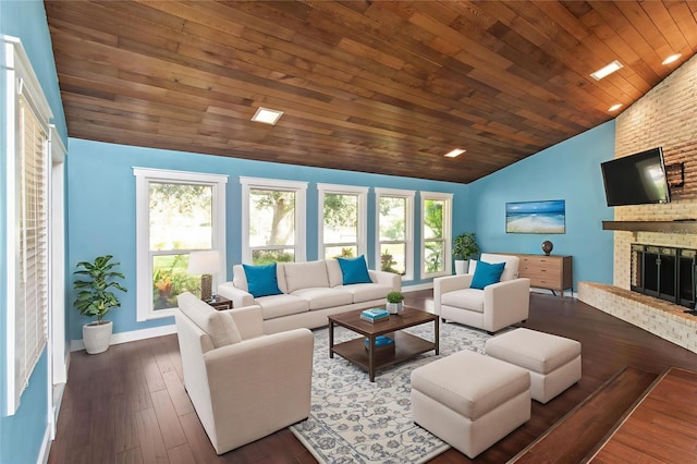 911 Cimarron Cir, Bradenton, FL 34209 - living area with lofted ceiling, wood ceiling, plenty of natural light, a fireplace, and hardwood / wood-style flooring