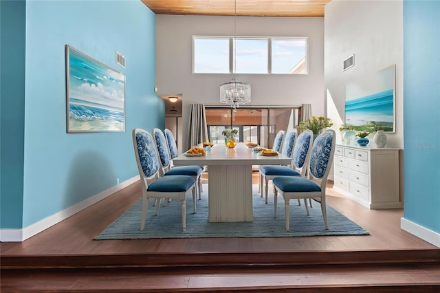 911 Cimarron Cir, Bradenton, FL 34209 - dining space featuring a high ceiling, wood finished floors, a chandelier, plenty of natural light, and wooden ceiling