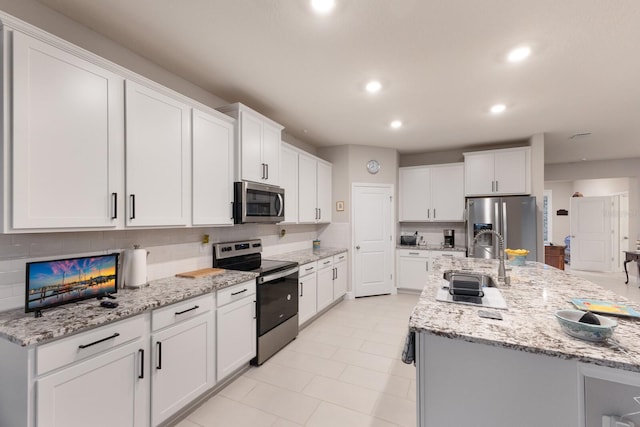 kitchen featuring appliances with stainless steel finishes, a sink, backsplash, white cabinets, and recessed lighting