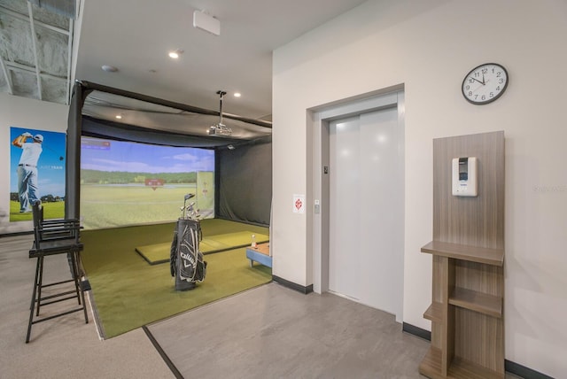 rec room with golf simulator, recessed lighting, and baseboards