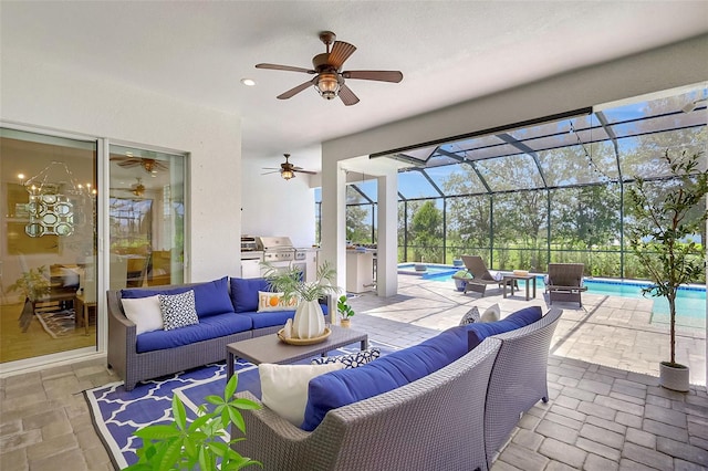13918 Old Creek Ct, Parrish, FL 34219 - view of patio / terrace with an outdoor hangout area, area for grilling, a ceiling fan, and an outdoor pool